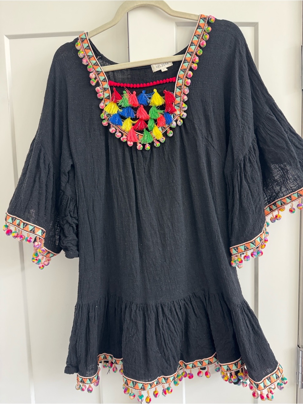 Velzera Black Tunic with Bright Multicolor Tassels